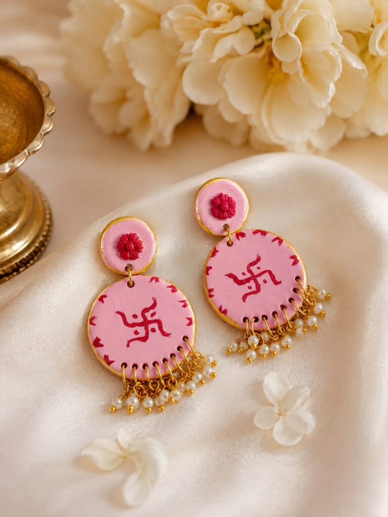 Handmade Clay Jewelry Pink Swastik Pearl Dangle Earrings