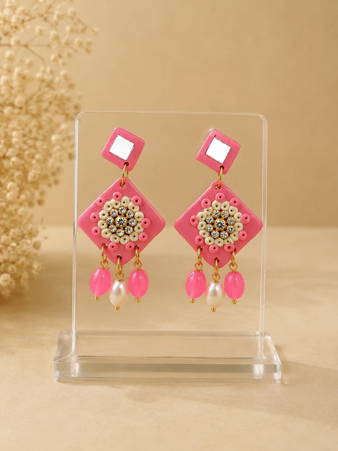 whatsapp image 2026 09 06 at 11.52.10 am Handmade Clay Pink Geometric Beaded Drop Earrings